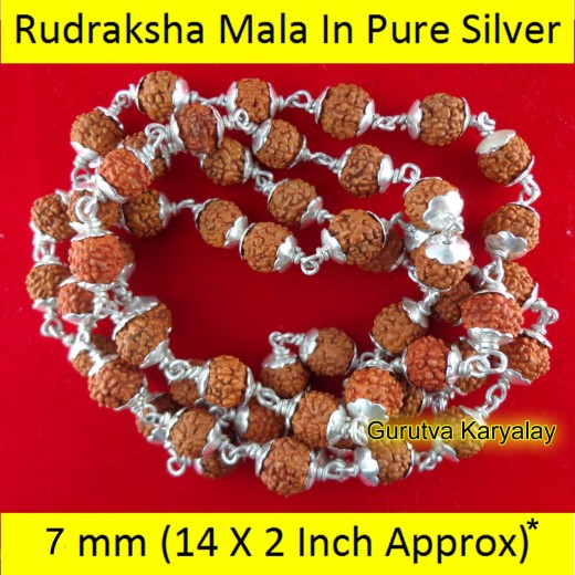 MANTRA SIDDHA RUDRAKSHA MALA IN PURE SILVER (7 MM 14" X 2 Inch) NATURAL BEADS